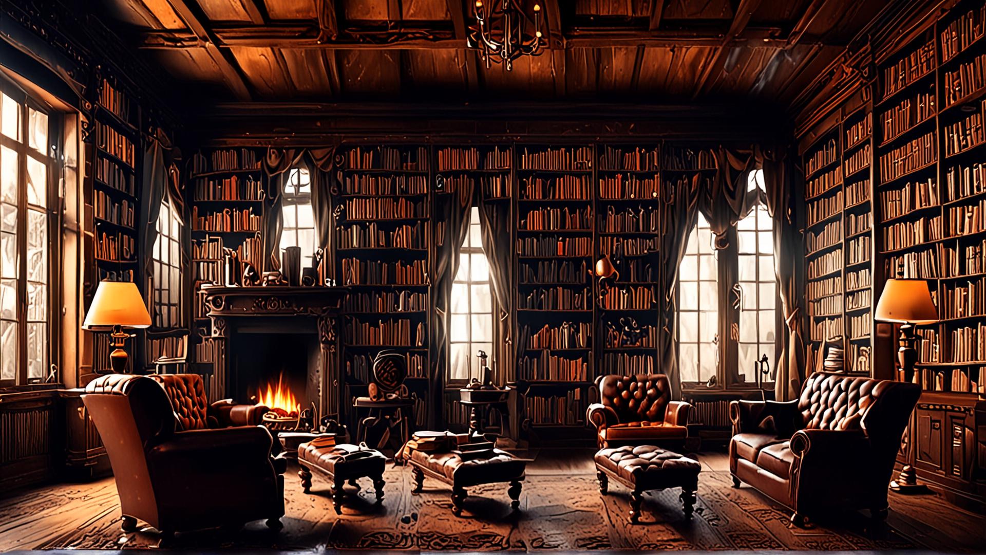 Cozy Library With Fireplace