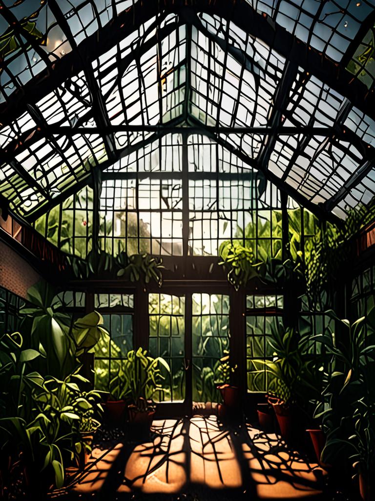 Old Glass Greenhouse Full Of Plants