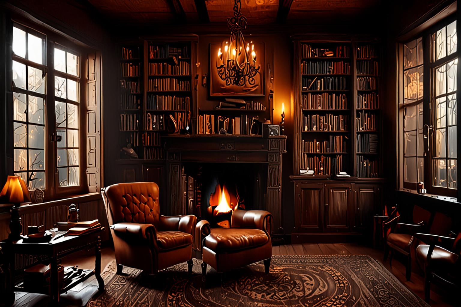 Cozy Library with Fireplace